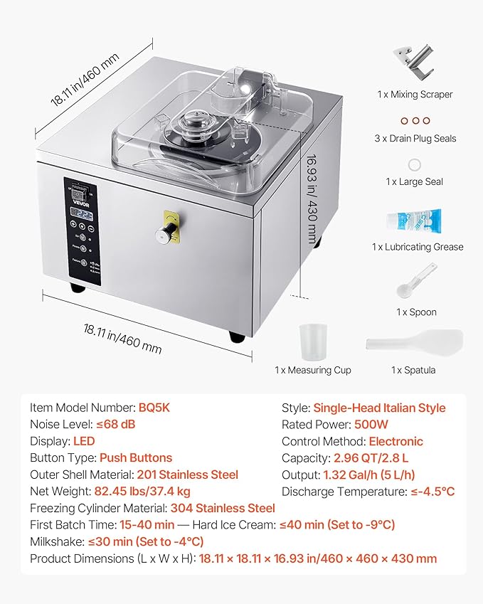 VEVOR Commercial Hard Ice Cream Machine, 500W 1.32 Gal/Hour, Gelato Hard Serve Ice Cream Maker with 2.8L 304 Stainless Steel Cylinder, Auto Clean LED Panel High Productivity for Snack Bar Restaurants