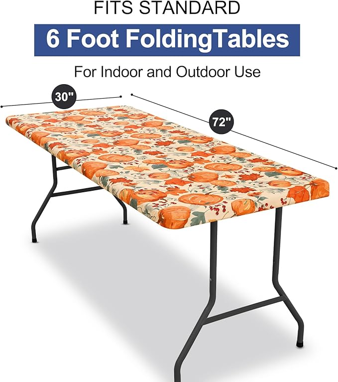homing Rectangle Table Cloth Cover, Waterproof Polyester Elastic Fitted Tablecloth, Fits for 6 Foot Folding Tables, Washable Table Protector for Fall, Thanksgiving (Pumpkin Vine, 30" x 72")