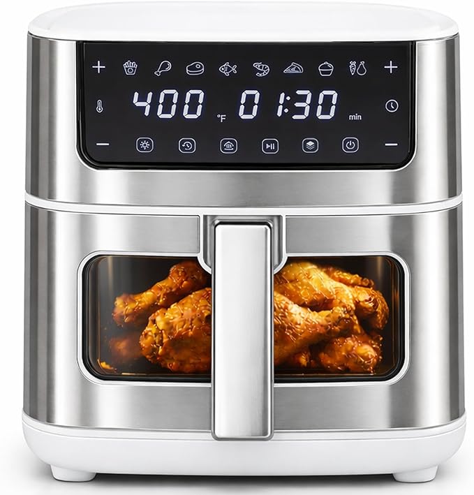 Simple Deluxe 8-in-1 Air Fryer 6.34 Qt, Digital Preset Airfryer with Visible Window, Nonstick and Dishwasher-Safe Basket, Air Fry, Chicken, Pizza, Dehydrate, Fries, 90-Min Timer, 1700W, White