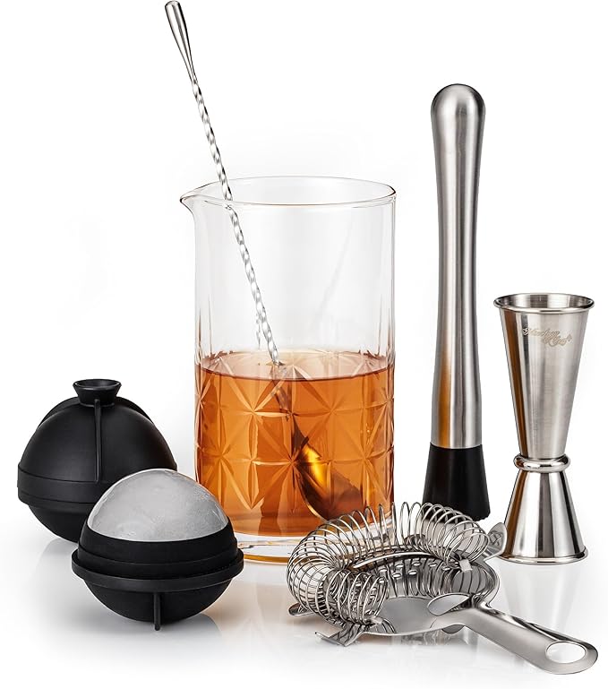 Mixology & Craft Commercial Grade Bar Mixing Glass – Includes 24oz Crystal Stirring Glass, Japanese Jigger, Bar Spoon, Muddler, and Hawthorne Strainer for Crafting Old Fashioned Cocktails at Home Bars