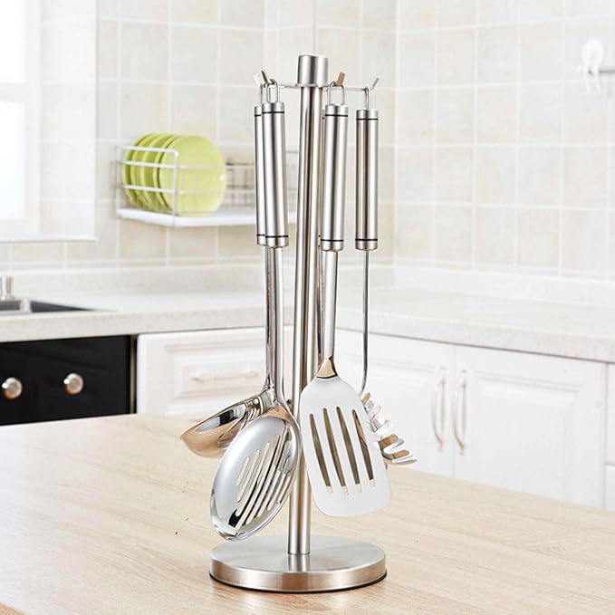 Utensil Rack, 360 Degree Rotating Kitchen Organizer Silver Space Saving Hanging Spatula Spoon Soup Ladle Holder with 5 Hooks for Home Countertop Cooking Utensil Holder