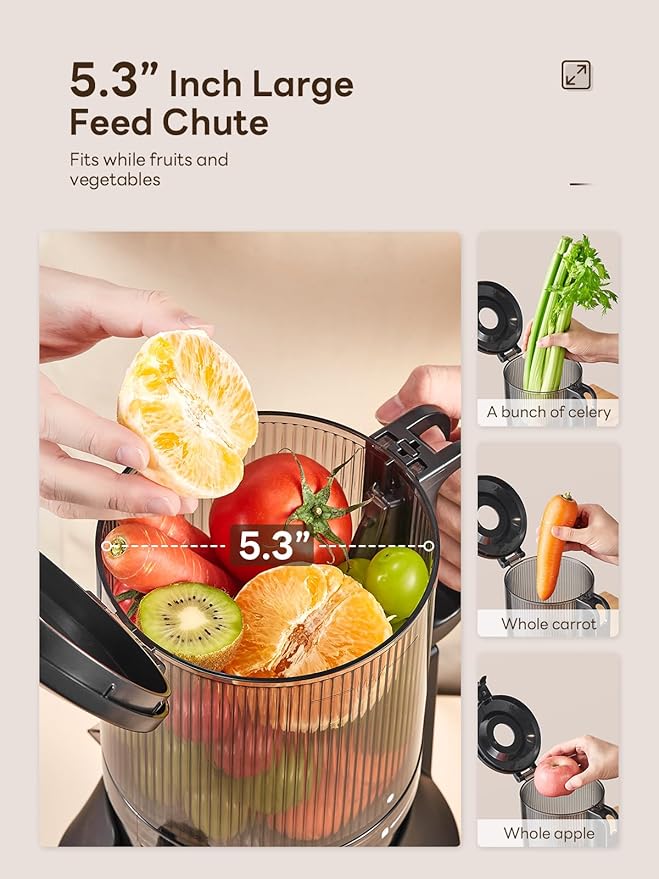 QCen Cold Press Juicer, 5.5” Wide Feed Chute Slow Masticating Juicer Machine for Whole Fruits and Vegetables, Easy to Clean (Silver)