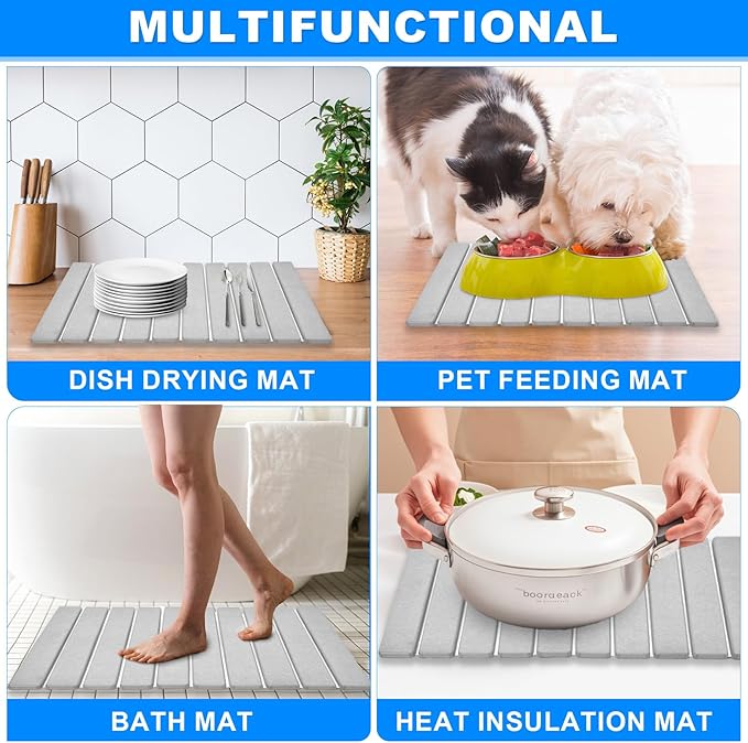 Large Stone Dish Drying Mats for Kitchen Counter, 24"(L)×16"(W) Quick Dry Collapsible Dish Drying Mat, Eco-Friendly Absorbent Diatomaceous Earth Mats for Dishes Bottles Cups, Match Any Countertop