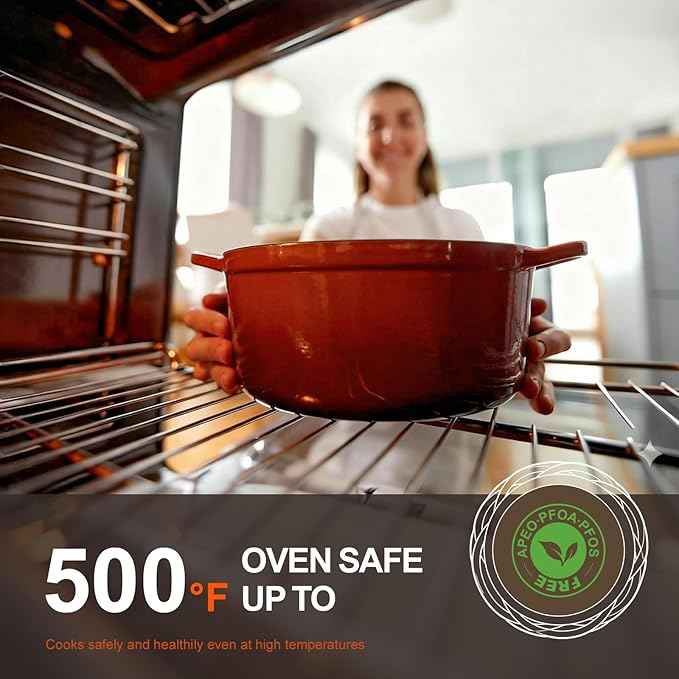 Overmont Refined Enameled Cast Iron Dutch Oven - 5.5QT Pot with Wide Handles Lid Cookbook & Cotton Potholders - Heavy-Duty Pre-Seasoned Cookware Oven Safe to 500°F for Braising, Stews, Roasting, Bread Baking