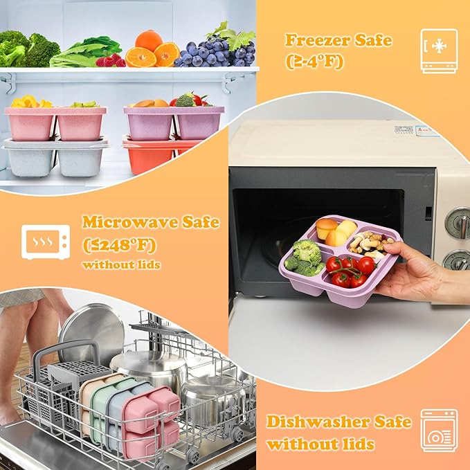 6 Pack Snack Containers, 4 Compartment Snack Box Containers Bento Box, Reusable Meal Prep Lunch Containers for Adults Kids Toddler, Divided Food Containers for Travel Work School
