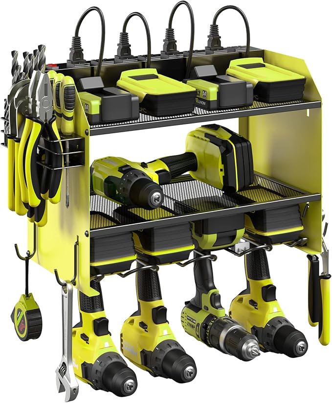 CCCEI Modular Power Tool Organizer Wall Mount with Charging Station. Garage Drill Storage Shelf with Hooks, Heavy Duty Rack, Tool Battery Holder Built in 8 Outlet. Gift for Men. Green, 2 Pack.