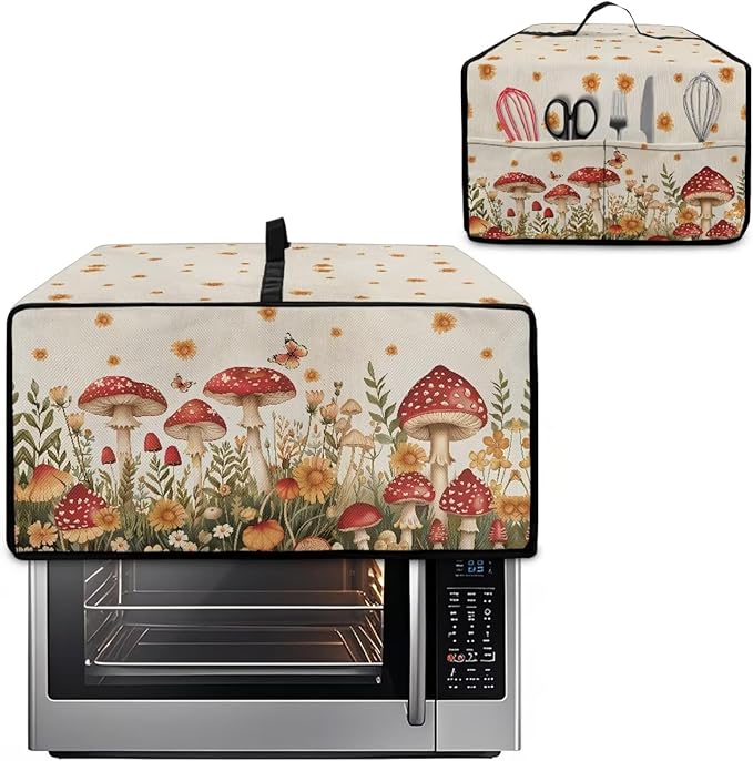 Air Fryer Toaster Oven Cover Fabric Convection Oven Cover with Pockets, Washable Small Appliance Dust Protection for Kitchen Home, M, 16.5 x 20.5 x 10 inches, Mushroom Floral