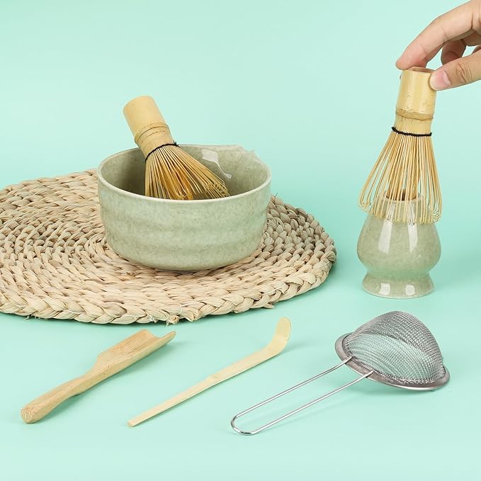 6Pcs Matcha Whisk Set With Bamboo Whisk(120-Prong) and Ceramics Holders and Bowl,Scoop,Stainless Steel Sifter for Women Christmas Birthday Gifts