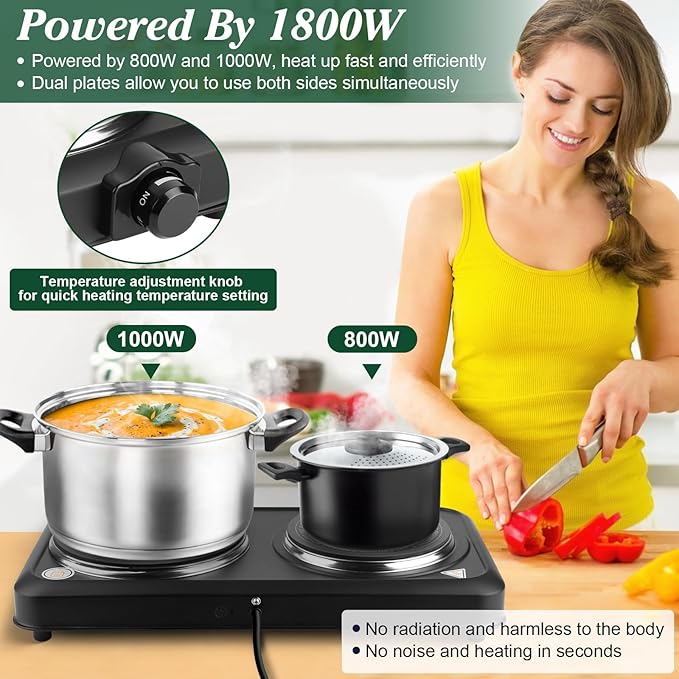 Electric Countertop Double Burner, 1800W Cooktop with Glass Hot Plate, Stepless Temperature Control, Easy to Clean, Indicator Lights, Compatible Cooking Stove for Office Home Camping RV
