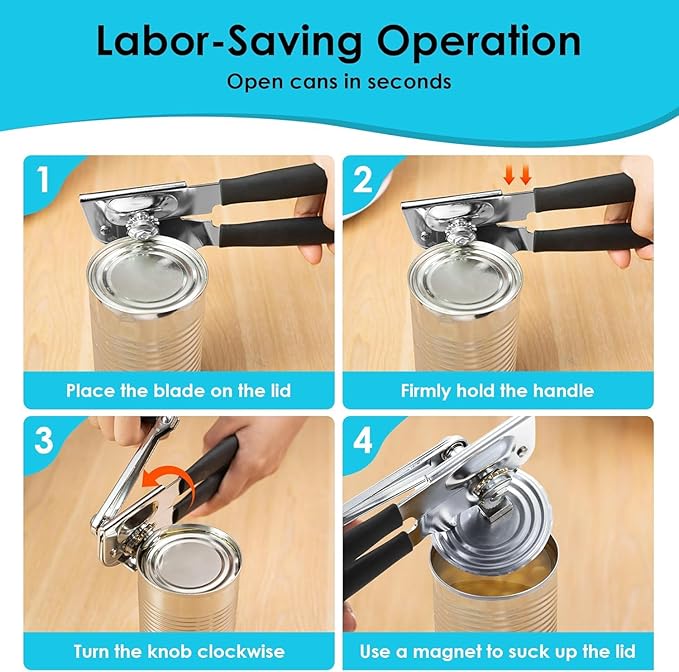 Crank Handle Commercial Can Opener - Heavy Duty Manual Can Opener - Ergonomic Cushioned Handle - Stainless Steel Blade - Black