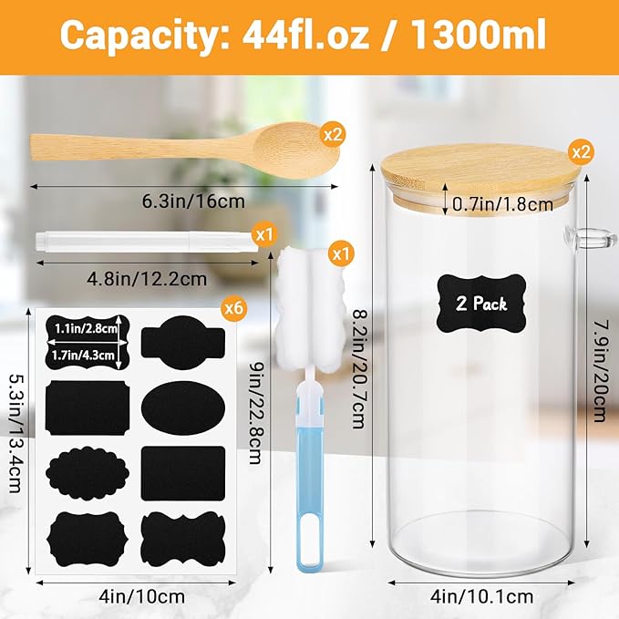 Glass Jars with Bamboo Lids and Spoon - 2 Pack 44 Fl.oz Round Pasta Storage Containers with Airtight Lid, Includes Labels, Marker and Brush, Large Kitchen Pantry Canisters for Rice, Noodles