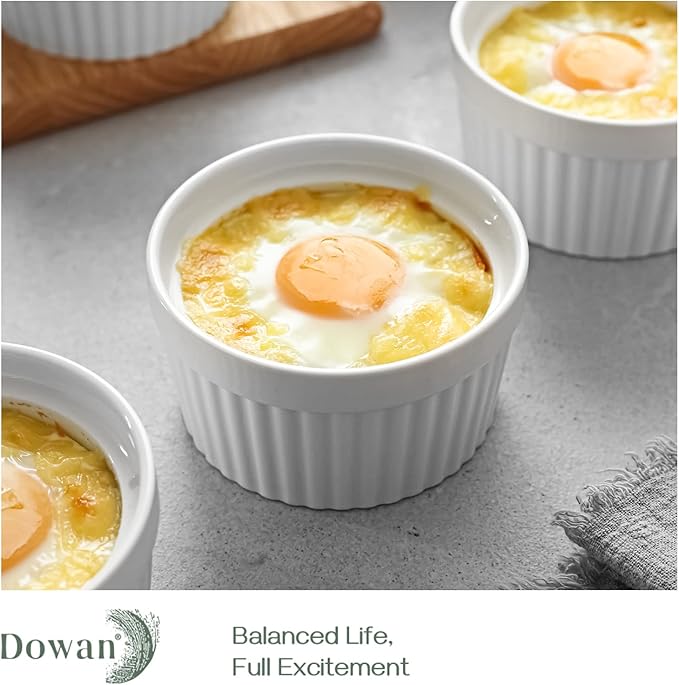 DOWAN Ramekins with Lids 6 oz Oven Safe, Creme brulee Souffle Dishes Ramekin with Covers, Porcelain Bowls for Baking Custard Cups, Set of 6, White