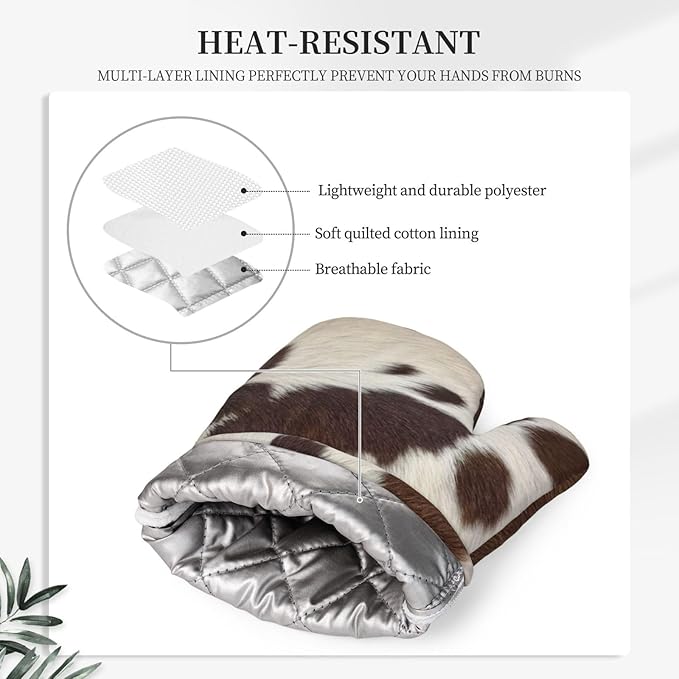 Cow Print Oven Mitts and Pot Holders Set Silicone Heat Resistant Brown Cowhide Western Farmhouse Kitchen Gloves Set Cow Print Kitchen Mittens Pot Holders for BBQ Cooking Baking Grilling