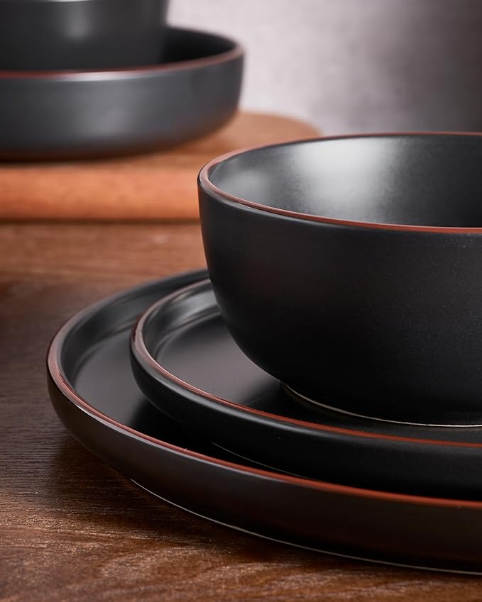 Famiware Mercury 24 Pieces Dinnerware Sets, Plates and Bowls Sets for 8, Microwave and Dishwasher Safe Dish Set, Matte Black
