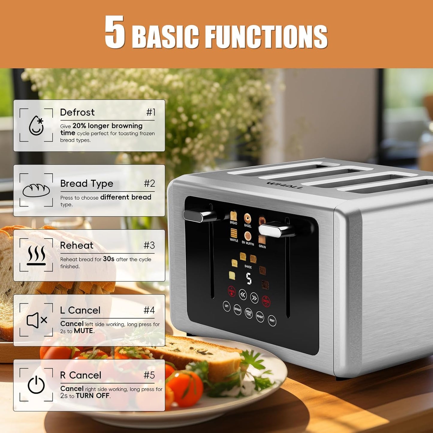 whall 4 Slice Touch Screen Toaster, Stainless Steel Toasters Digital Timer, Dual Control Panel Toasters，6 Shade Settings＆6 Bread Types, Smart Wide Slots, Bagel, Cancel, Defrost,Stainless Steel