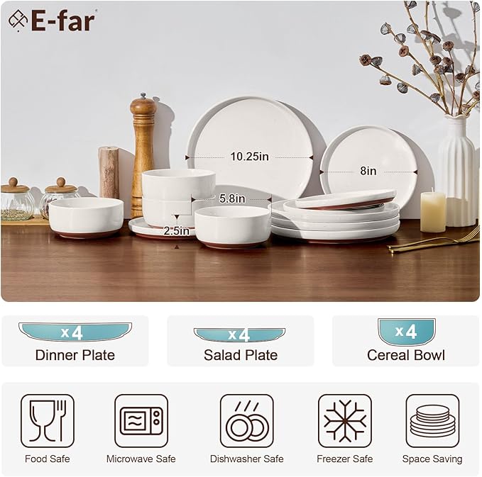 E-far 12-Piece Stoneware Dinnerware Sets, Plates and Bowls Sets for 4, Ceramic Dishware Dishes Set with Terracotta Base, Chip & Scratch Resistant, Microwave & Dishwasher Safe, Speckled White