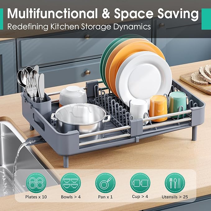 TOOLF Dish Drying Rack, Expandable Dish Rack for Kitchen Counter, Anti-Rust Dish Drainer, Sink Organization and Storage Essentials with Cutlery & Cup Holder, Gray