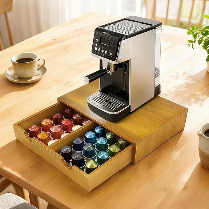 Coffee Pod 15" X 11" X 3" Natural Wood Countertop Organizer Drawer, Counter Top Espresso Tea Bag Station Storage Holder Box, Brown