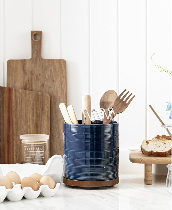 Utensil Holder, 360° Rotating Extra Large Ceramic Kitchen Utensil Holder for Countertop, 7.3“ Cooking Utensil Crocks for Kitchen Counter with Rotatable Wooden Base, Farmhouse Decor, Dark Blue