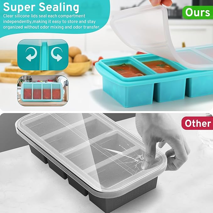 Silicone Freezer Tray with Lid - 1 Cup Silicone Food Freezers Tray - Large Ice Cube Freezer Molds - Soup, Sauce, leftovers, Homemade Meal Prep Freezing Kitchen Storage Containers - Aqua - 4-Pack