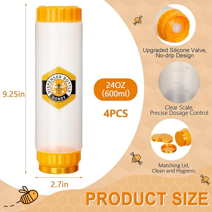SiliFine 4 Pcs Honey Dispenser No-drip with Lid, Honey & Syrup Squeeze Bottle, Refillable Condiment Bottle Bpa-free, More Hygienic for Sauces Ketchup Kitchen Pancakes Salad Dressings (24 oz)