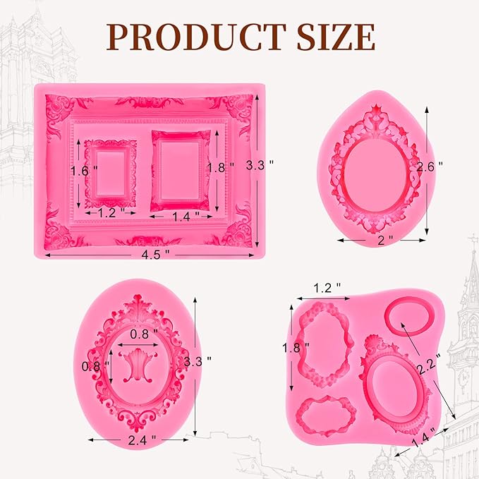 Puyeipt 4 Pcs Photo Frame Silicone Molds, Baroque Style Picture Photo Frames and Mirrors Fondant Molds for Cupcake Topper, Chocolate, Candy, Donut Cake Puck Decoration and Clay Craft Making