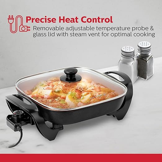 Holstein Housewares 12-Inch Electric Skillet - 1400W Electric Pan with Adjustable Temperature Control, PFOA-Free Non-Stick Coating, Cool-Touch Handles, Multi-Function Cooker, Copper & Black