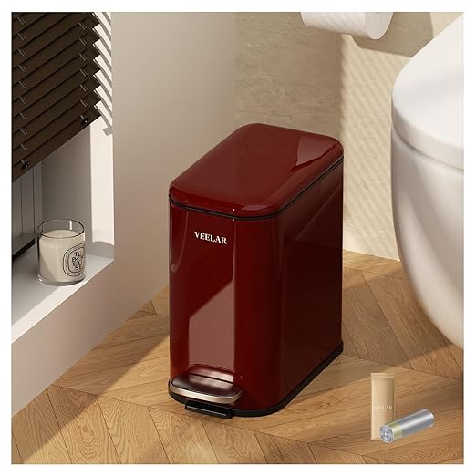 Slim Bathroom Trash Can with Lid, 1.6 Gallon / 6 Liter Stainless Steel Trash Bin, Step Pedal Garbage Cans for Bedroom, Kitchen, Office (Red)