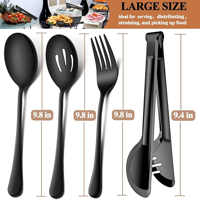 LIANYU 9-Piece Large Black Serving Utensils Set, 9.8 Inch Stainless Steel Buffet Serving Spoons Forks and Tongs Set, Ideal for Party Catering, Mirror Finished, Dishwasher Safe