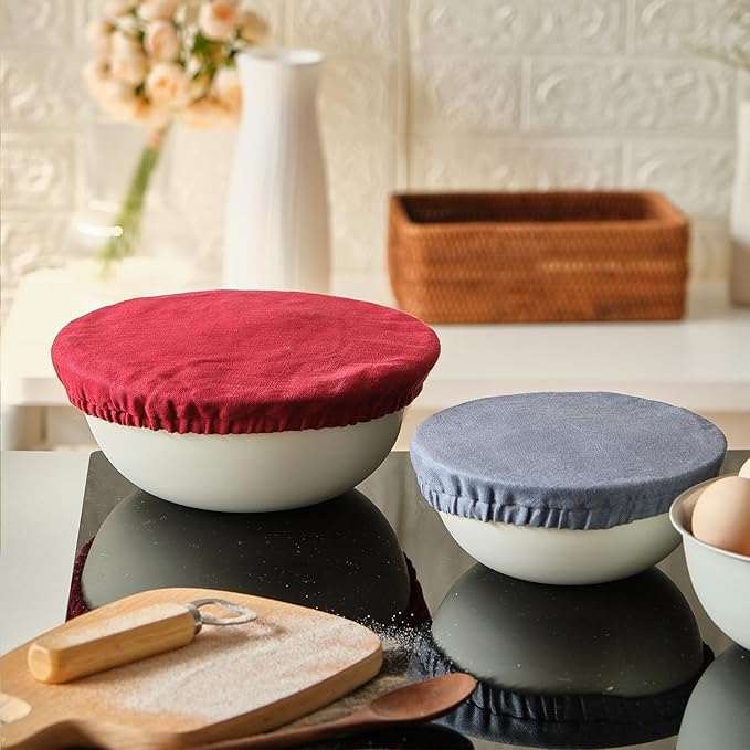 100% Pure Linen Bowl Covers For Bread Proofing, 4 Pcs Elastic Reusable Solid Color Cloth Fabric Bowl Covers,XL Organic Washable Large Stretch Sourdough Lids 6 * 8 * 10 * 12 Inches, Red