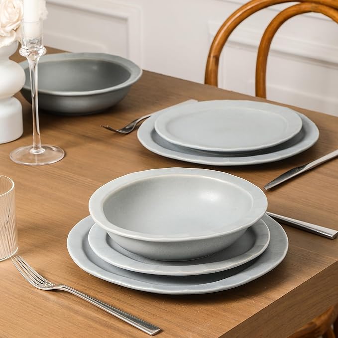 Stone Lain Oasis 24-Piece Dinnerware Set Stoneware, Dishwasher and Microwave Safe Plates and Bowls Set, Dish Set for 8, Grey Blue