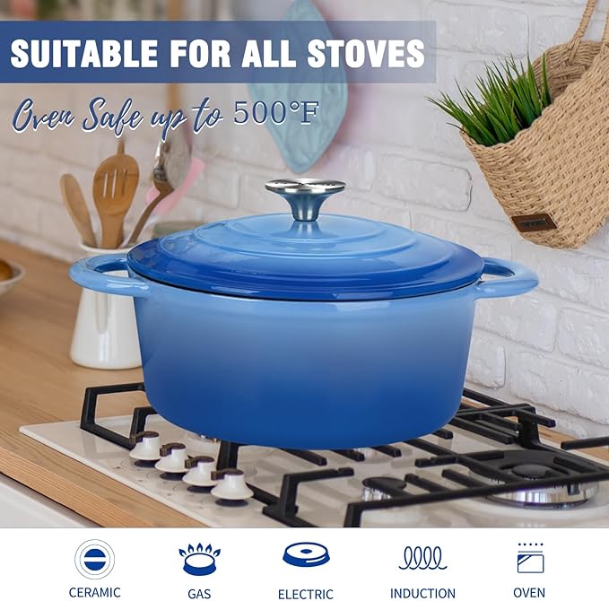 Enameled Cast Iron Dutch Oven with Lid, 3 Quart Heavy Duty Cookware Pot with Dual Handles for Bread Baking, Braising, Stews, Roasting and Oven Safe, Blue
