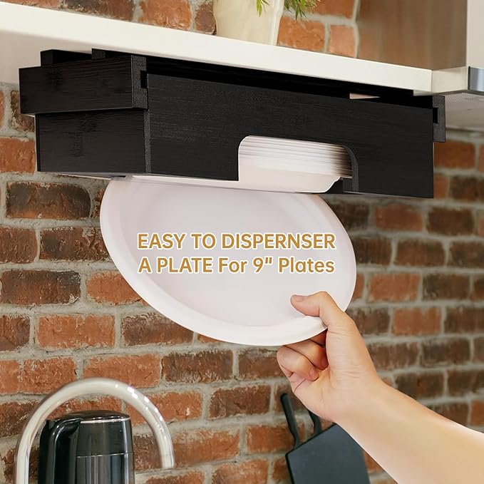Paper Plate Dispenser, 9-inch Bamboo Paper Plate Dispenser Under Cabinet, Kitchen Counter Vertical Holder Organizer Countertop Caddy Black