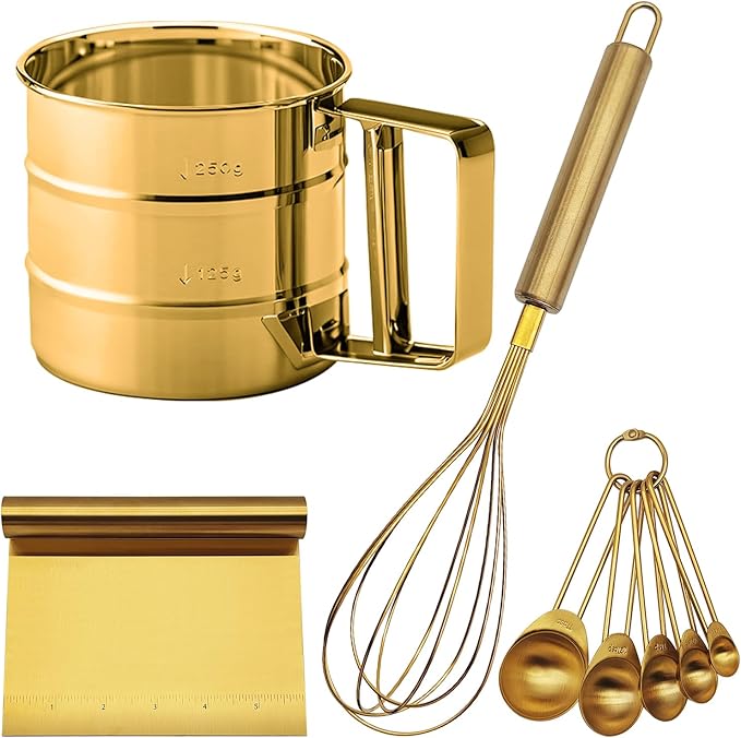 Gold Flour Sifter Baking Tool Set, findTop Stainless Steel 4-Piece Kit with 10" Whisk, Dough Scraper & 5 Measuring Spoons, Mirror Polished, Easy to Clean, for Cake Bread Cookie Prep