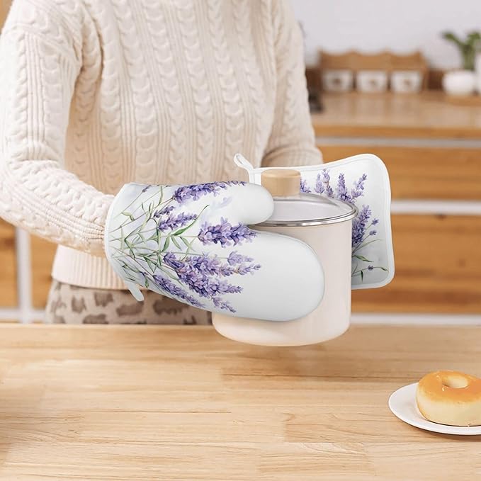 Oven Mitts and Pot Holders Lavender Watercolor Flower Floral Silicone Kitchen Accessories Set of 4 Heat Resistant Long Gloves Potholder Non-Slip Grip for Chef Cooking Baking Grilling BBQ