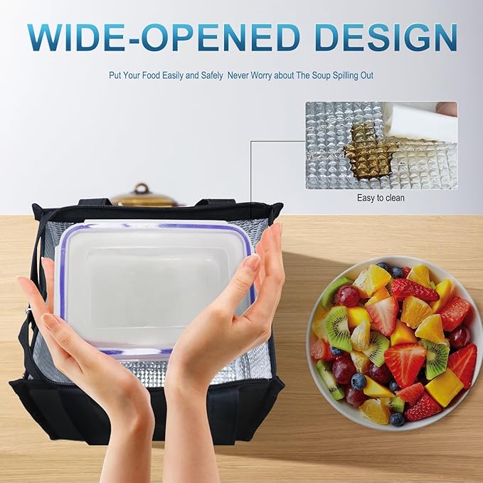 iknoe Insulated Lunch Bag for Women & Adults, 9L Foldable Wide-Open Cooler Bag with Pockets, Leakproof & Portable, for Picnic, Office, Beach(Plain Black)