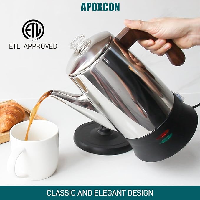 APOXCON Electric Coffee Percolator Stainless Steel Coffee Pot with Two Tough Glass Clear Brew Progress Knob & Treated Solid Wood Handle & On/OFF Switch Auto Keep Warm Cordless Serve (8 Cup)