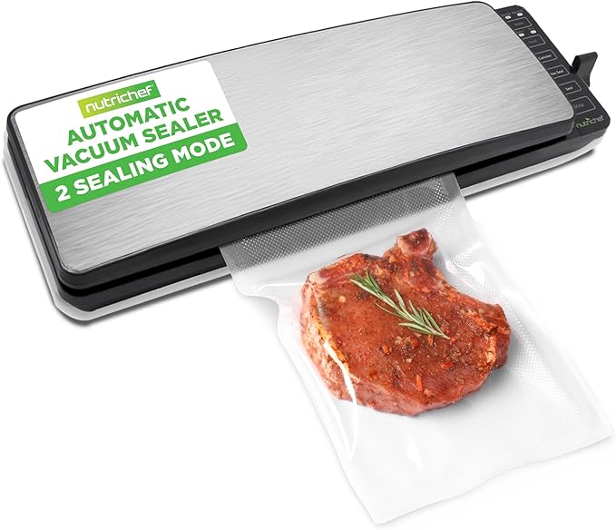 NutriChef Automatic Food Vacuum Sealer Machine - Electric Air Sealing Preserver with 5 Reusable Bags, LED Controls, High-Power Suction, for Dry & Moist Foods, Stainless Steel Housing