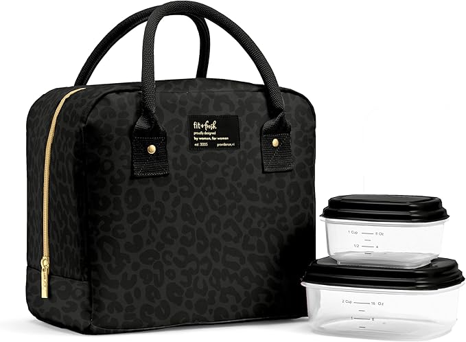 Fit & Fresh Bloomington Lunch Bag for Women - Insulated Large Lunch Box for Work with Containers, Leak-Resistant, Stain-Resistant, Zipper Closure, Black Feline Fine