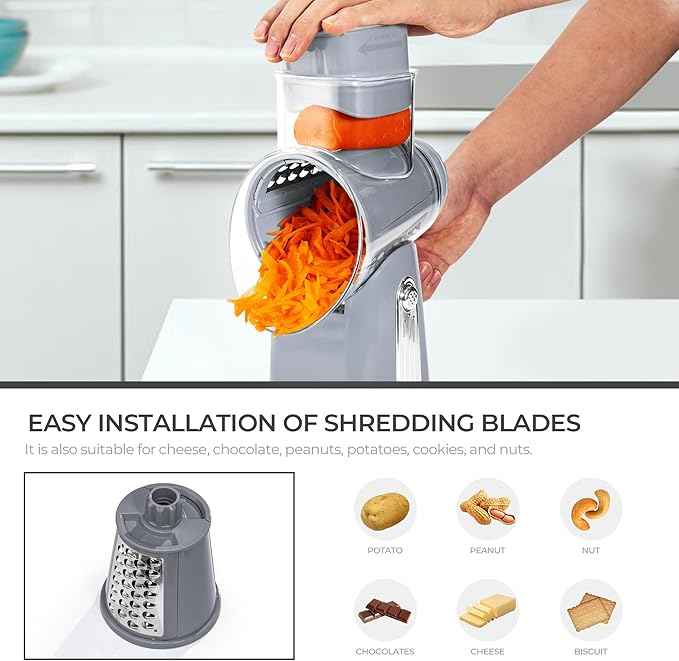 SUSTEAS Rotary Cheese Grater with Handle - Vegetable Shredder with 5 Well-designed Blades & Strong Suction Base,Round Mandoline Slicer & Food Chopper for Kitchen,with Blade Storage Box(Gray)