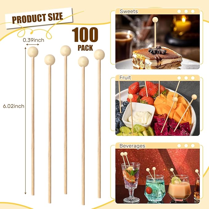 100PCS Rock Candy Sticks with Ball Tips,6 Inch Wood Swizzles Sticks,Natural Wood Cake & Drink Stirrer Sticks for Lollipop Coffee Appetizer Skewers (Multi-color)