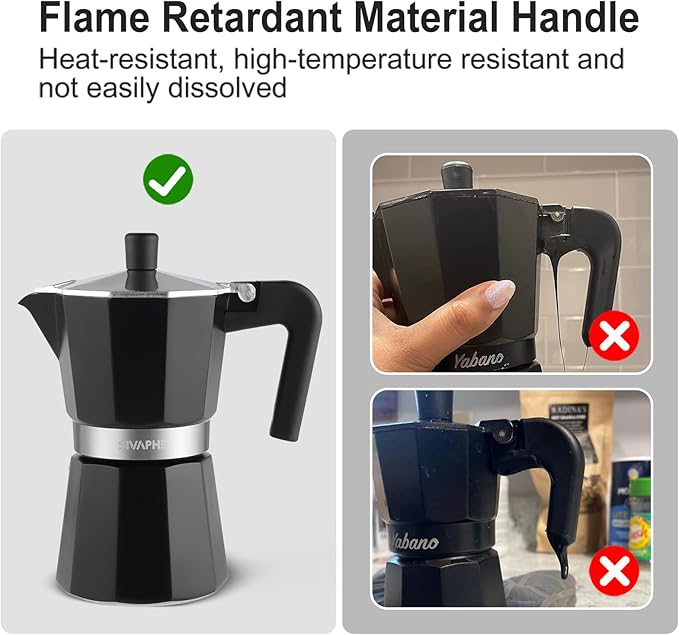 Sivaphe Aluminum Moka Pot 3 Espresso Cups, Percolator Espresso and Coffee Maker, Portable Stovetop Italian and Cuban Café Brewer for Home and Camping Black