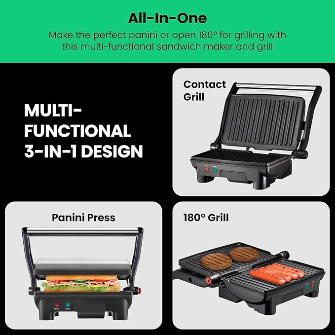 Chefman Electric Panini Press Grill,Compact 2-Slice Sandwich Maker,Non-Stick Coated Plates,Opens 180 Degrees,Dishwasher Safe,Removable Drip Tray,Stainless Steel/Black,(Pack of 4)