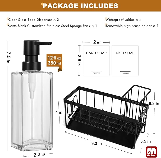 GMISUN Kitchen Soap Dispenser Set, 12 fl oz / 350 ml Dish Soap Dispensers with Sponge Holder, Customized Clear Glass Dish soap Dispenser for Kitchen, Modern Soap Dispensers Set Removable