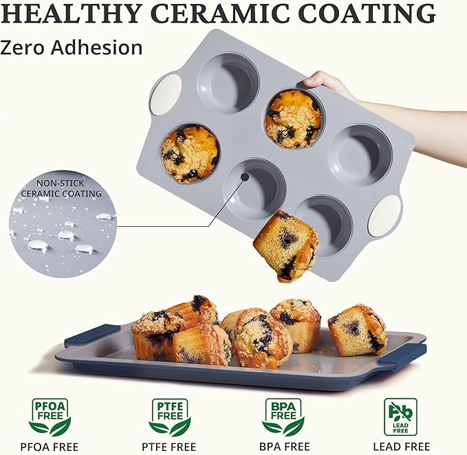 BRONYPRO 2-Pack 6-Cup Non Toxic Nonstick Ceramic Jumbo Muffin Pan & Cupcake Tin, PFOA & PFOA Free, Heavy Duty Rust-Resistant Aluminized Steel, Oven Safe, Cream White