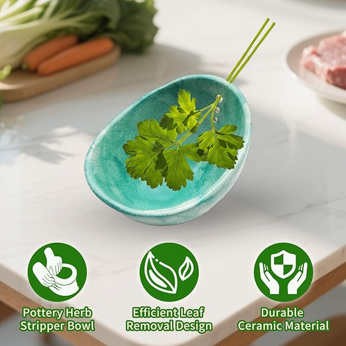Herb Stripper, 4-Hole Design Pottery Herb Stripper,Handmade Ceramic Herb Stripper Bowl for Removing Leaves and Stems in the Kitchen (Celadon Glaze)