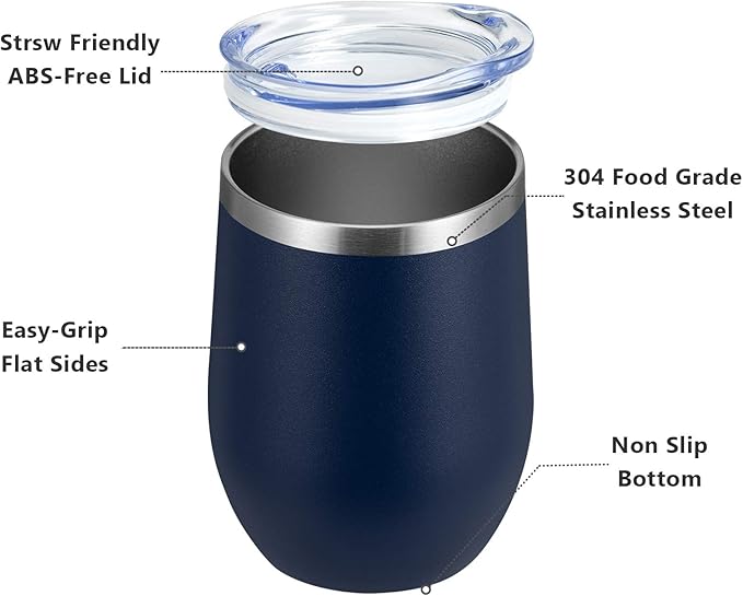 MEWAY 12oz/8 Pack Wine Tumbler Glasses with Lid - Stemless Double Wall Vacuum Stainless Steel Travel Tumbler - Keeping Cold & Hot for Wine,Coffee,Cocktails,Drinks-Family and Gifts (Navy,Set of 8)