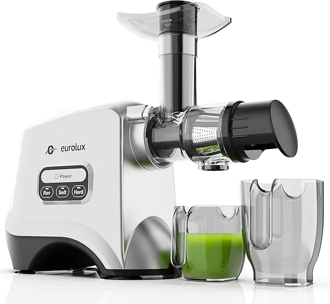 Eurolux Slow Masticating Juicer – Cold Press Machine for High-Yield Juice Extraction – Quiet & Powerful Juicer for Fruits and Vegetables – Easy to Clean, BPA-Free & Nutrient-Rich – Compact Design