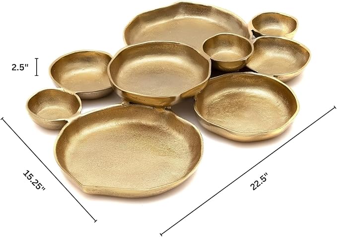 9 Cluster Decorative Bowls Bright Gold Brass Snack Tray Bowl Chip & Dip Serving Piece Strong Brass Centerpiece Beautiful Room Accent & Entertaining Parties Home Decor Wedding Gifts 22 Inch Decorative