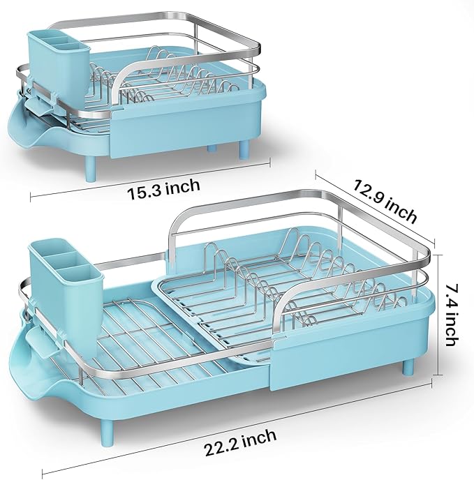 SAYZH Dish Drying Rack - Expandable Dish Rack for Kitchen Counter, Rust-Resistant Dish Drainer with Utensil Holder and Raised Guardrail, Kitchen Organizer for Cup and Bottle (Blue)